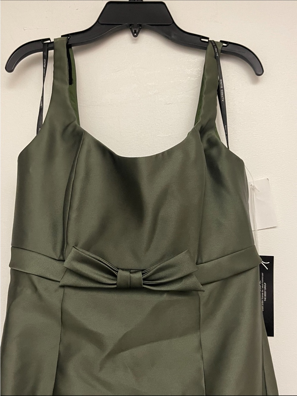 ALFRED SUNG Olive Green Satin Column Gown with Waist Bow- NWT - Picture 5 of 11